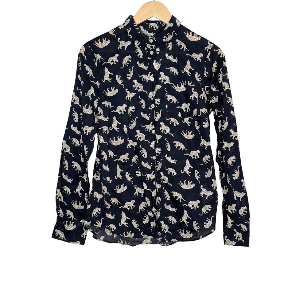 J.Crew Factory Womens S Navy Cat Print Button Up Shirt Animal Novelty Y2K
